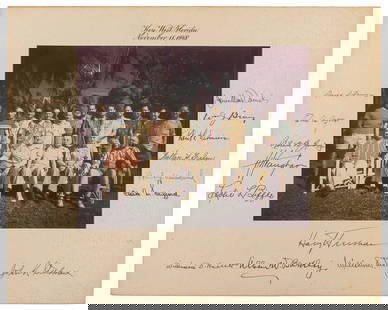 TRUMAN, Harry S. (1884-1972). Signed Group Photograph of Pr...: TRUMAN, Harry S. (1884-1972). Signed Group Photograph of President Truman and His Staff at Key West Florida. Key West, Florida, November 11, 1948. Color photograph of Truman and his staff seated or st