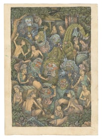[UNKNOWN ARTIST]. Original Watercolor of a Balinese Scene o...