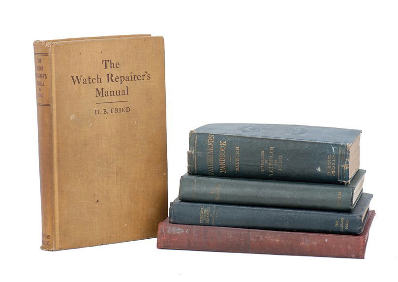 Group of five watch repair books from Cardini’s library: [Watch Repair] Group of five watch repair books from Cardini’s library. Including Practical Watch Repairing by De Carle (1946), Practical Benchwork for Horologists by Levin and Levin (1938), The Mod