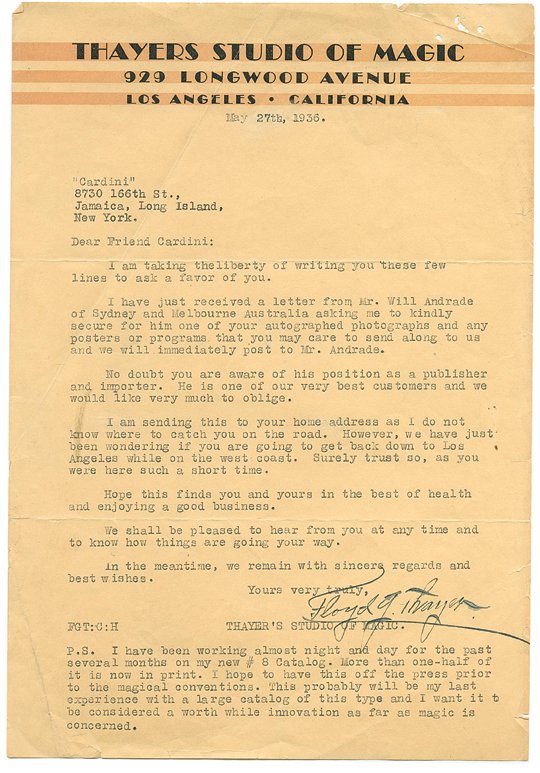 One-page TLS from Floyd Thayer to Cardini & photo: Thayer, Floyd. One-page TLS from Floyd Thayer to Cardini, and photo. Dated May 27th, 1936. On Thayer’s Studio of Magic letterhead and discussing a range of subjects. Accompanied by a candid photo of