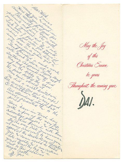 Christmas card w/holographic note - Vernon to Cardini: Vernon, Dai. Christmas card with holographic note from Dai Vernon to Cardini. Ca. December, 1964. Vernon writes, “I’ve been very fortunate out here…I only work when I feel in the mood. However I