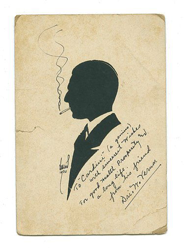 Silhouette of Cardini by Dai Vernon. [New: Vernon, Dai. Silhouette of Cardini by Dai Vernon. [New York], 1930. Handsome silhouette of Cardini smoking a cigarette. Embellished with pen-and-ink details. On a mount measuring 4 ¼ x 6 ¼”. Signe