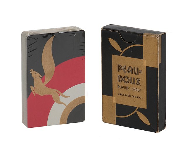 Cardini’s gold Peau Doux playing cards.: Cardini’s gold Peau Doux playing cards. Chicago, Walgreen Co., ca. 1934. Unopened pack of the bridge-size fanning cards purchased by Cardini for use in his famous act. Box shows wear.