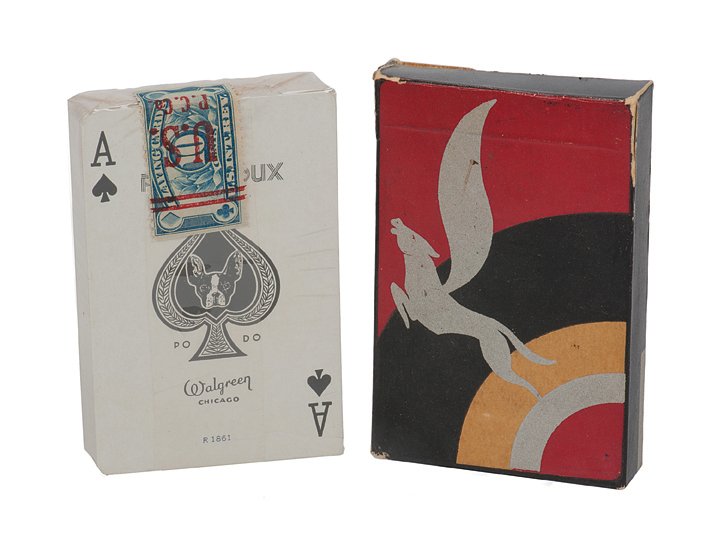 Cardini’s silver Peau Doux playing cards.: Cardini’s silver Peau Doux playing cards. Chicago, Walgreen Co., ca. 1934. Unopened pack of the bridge-size fanning cards purchased by Cardini for use in his famous act. Box shows wear.