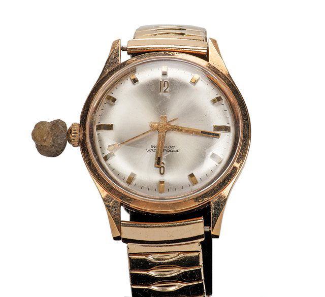 Cardini-made Wrist Watch Reel.: Wrist Watch Reel. New York, Richard Cardini, 1972. Swiss made expandable band-type wristwatch with concealed reel mechanism. Reverse of the case bears the inscription “Made by Cardini 1972.” Good