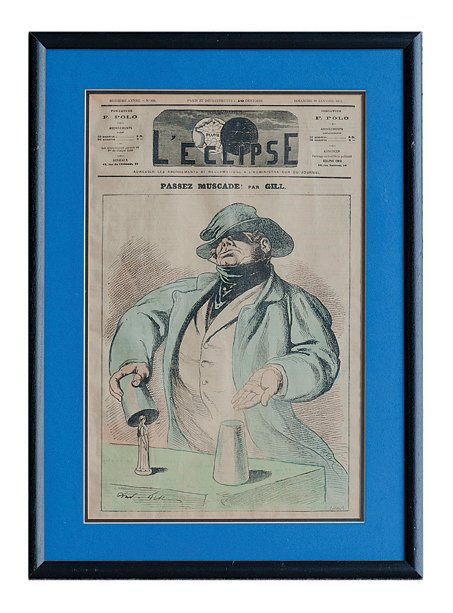 [Cups and Balls] L’Eclipse. Passez Muscade par Gill.: [Cups and Balls] L’Eclipse. Passez Muscade par Gill. Front page of the Jan. 10, 1875 edition of this Parisian paper, featuring a colored lithograph of the cups and balls in performance by a politici