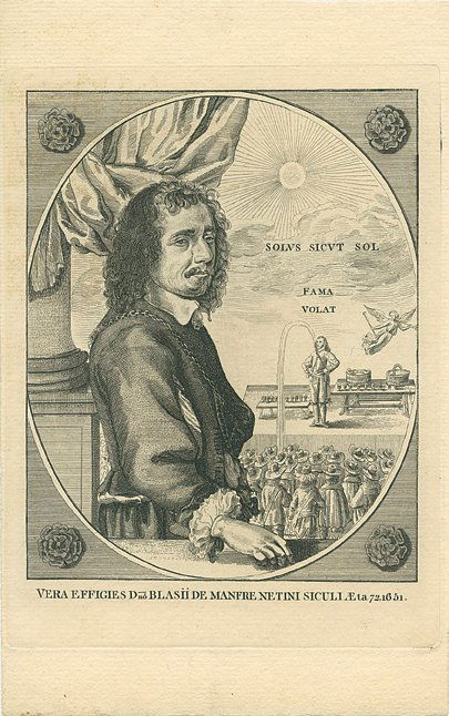 De Manfre the Water Spouter engraving.: Manfre, Blaise Di. De Manfre the Water Spouter engraving. Steel engraved portrait of this famous and unusual performer, a vignette of his act in progress the background. 8 ¼ x 5 ¼”. Linen backed.