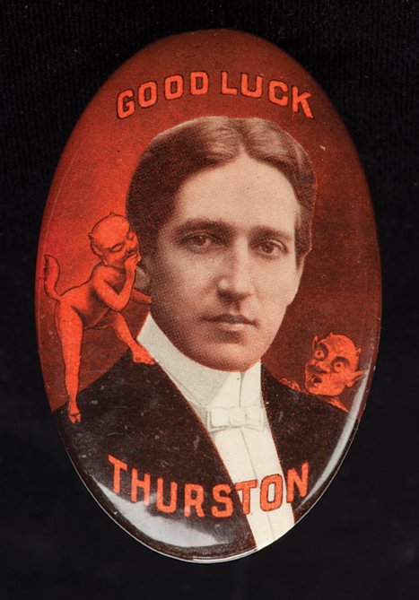 Thurston, Howard. Thurston Souvenir Pocket Mirror: Thurston, Howard. Thurston Souvenir Pocket Mirror (“Mirror Card”). American, ca. 1910. Small celluloid-backed oval souvenir pocket mirror 1 ¾ x 2 ¾” at its widest dimensions, bearing a bust po