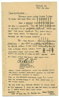 Holographic postcard from Dai Vernon to Ellsworth Lyman: Vernon, Dai. Holographic postcard from Dai Vernon to Ellsworth Lyman. Dated May 26, 1933, Vernon writes to Lyman regarding a “Perfect cig. Switch for card or bill in cigarette.” And goes on to des