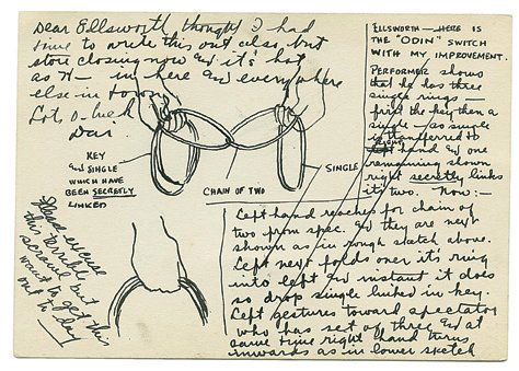 Illustrated note from Dai Vernon re: Linking Rings: Vernon, Dai. Holographic illustrated note from Dai Vernon to Ellsworth Lyman. In a mailing cover postmarked June 7, 1933, Vernon describes, with several detailed illustrations, moves with Linking Ring