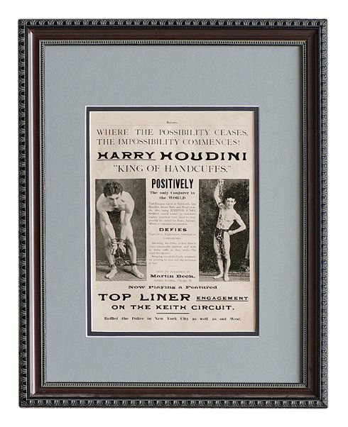 Houdini, Harry. Houdini King of Handcuffs advertisement: Houdini, Harry (Erich Weiz). Houdini King of Handcuffs advertisement. New York, 1900. Extracted from Mahatma magazine, and showing Houdini in two poses with cuffs and manacles. Martin Beck is listed a