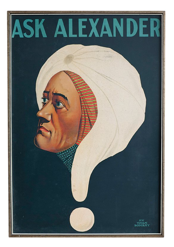 Ask Alexander. One sheet stone litho poster, ca. 1919.: Alexander (Claude Alexander Conlin). Ask Alexander. [Bombay, Av Yaga], ca. 1919. One-sheet (28 x 40”) color lithographed poster depicting the head of the great mind reader in the shape of a question