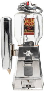 ASCO Vending “Get Em Hot” 5 Cent Hot Nut Vendor. Newark, ca...: ASCO Vending &#8220;Get Em Hot&#8221; 5 Cent Hot Nut Vendor. Newark, ca. 1946. Polished aluminum electric hot nut vendor with glass octagonal globe, replacement decal, red bulb at top. Side cup holder