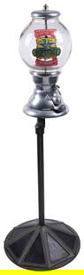 Bluebird 1 Cent “1-2-3” Gumball Machine on Stand. Bluebird ...: Bluebird 1 Cent &#8220;1-2-3&#8221; Gumball Machine on Stand. Bluebird Products, ca. 1915. Aluminum vending machine with glass globe, large original Blue Bird Gum decal, on cast iron stand. With key.