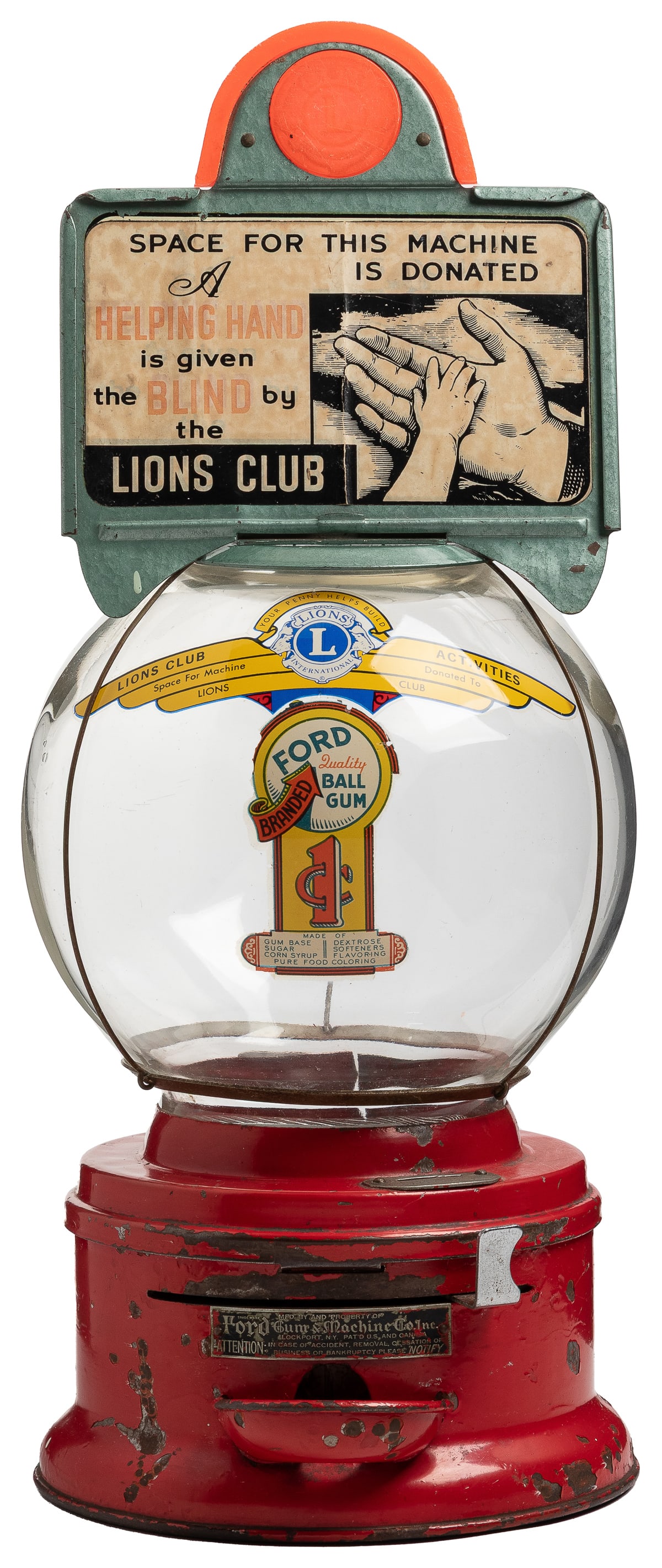 Ford 1 Cent Gumball Machine with Lions Club Marquee. Ford G...: Ford 1 Cent Gumball Machine with Lions Club Marquee. Ford Gum & Machine Co. Inc., ca. 1930s. Serial #58489. Red painted base with Ford maker’s plaque above dish, serial number on coin entry. Dec