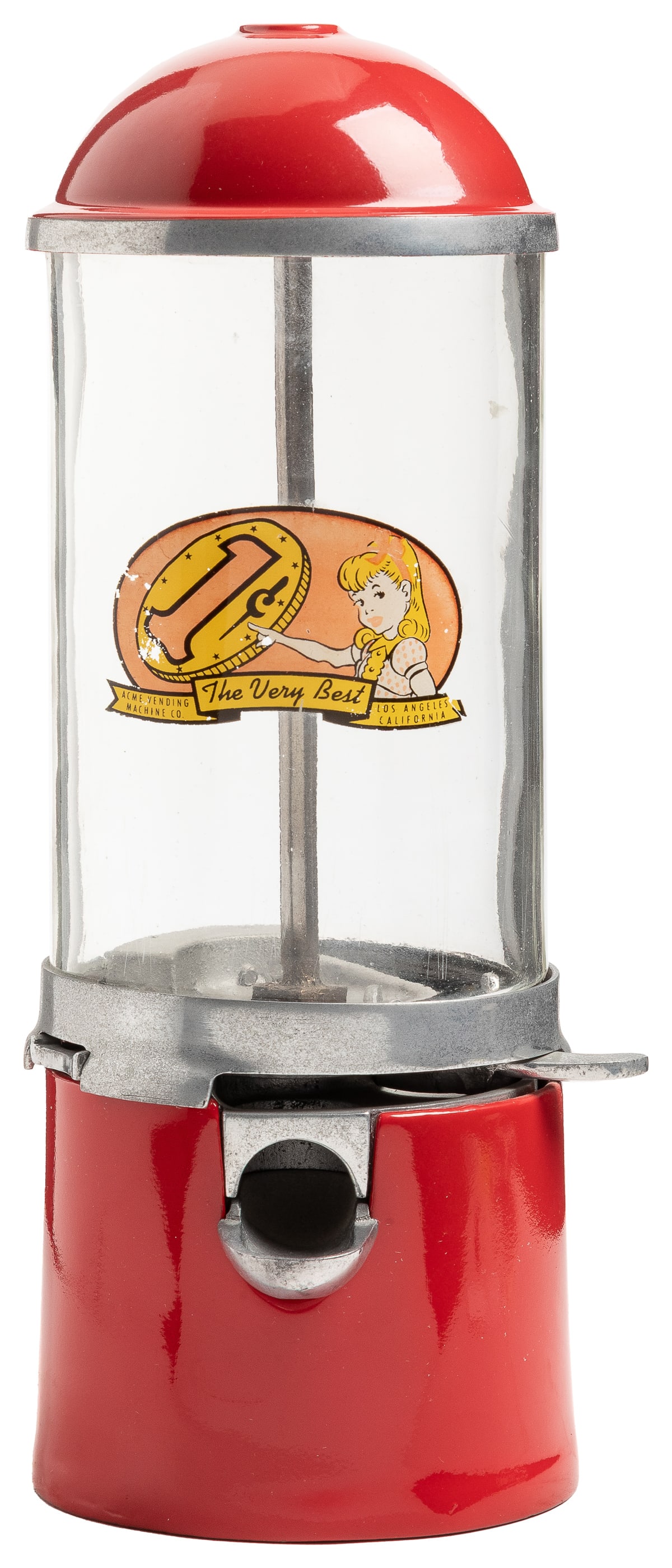 U.G. Grandbois 1 Cent Gumball Vendor. Kalamazoo, ca. 1927. ...: U.G. Grandbois 1 Cent Gumball Vendor. Kalamazoo, ca. 1927. Cast iron base painted red with glass dome, older Acme Vending decal. Height 12”. No key. Silent Salesman Too 66.