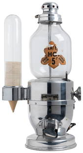 Mabey Electric & Mfg “Eat Em Hot” 5 Cent Vendor. Peoria, ca...: Mabey Electric & Mfg &#8220;Eat Em Hot&#8221; 5 Cent Vendor. Peoria, ca. 1930s. Tall heated nut vendor with side domed cup dispenser. Aluminum with glass globe, original decal (partly torn). Height 23