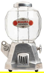 National Mfg. 5 Cent Magna Vender Machine. National Mfg. Co...: National Mfg. 5 Cent Magna Vender Machine. National Mfg. Co., ca. 1934. Nickel machine with 16-sided globe and decal. A penny version was also produced (see previous lot). Height 14 &#190;&#8221;. Wit