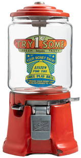 Northwestern 39 “Bell” 1 Cent Bulk Vendor. Morris, Ill.: No...: Northwestern 39 “Bell” 1 Cent Bulk Vendor. Morris, Ill.: Northwestern Corp, ca. 1939. Red porcelain cast iron body. This model has a built-in bell which rings every tenth play for a free p