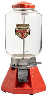 Northwestern 33 1 Cent Peanut Vending Machine. Morris, Ill....: Northwestern 33 1 Cent Peanut Vending Machine. Morris, Ill.: Northwestern Corp, ca. 1933. Red porcelain cast iron base and top, cylindrical globe with replacement decal. Deco style design. Height 15 &
