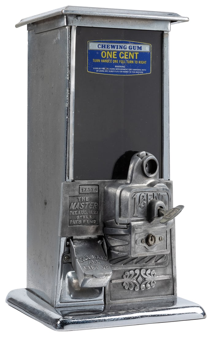Norris “The Master” 1 Cent Gumball Machine. Norris Mfg, ca....: Norris “The Master” 1 Cent Gumball Machine. Norris Mfg, ca. 1923. Embossed metal and glass front with old decal. Serial #17308. Height 16”. With keys. Silent Salesman Too 107.