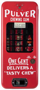 Pulver Chewing Gum 1 Cent Woody Woodpecker Vending Machine....: Pulver Chewing Gum 1 Cent Woody Woodpecker Vending Machine. Figure of Woody Woodpecker standing beside the dispenser. Black metal grid behind glass window; finished in red enamel with white lettering