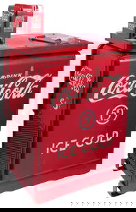 Vendo Jr. Coca-Cola Coin-Operated Vending Cooler. Circa 194...: Vendo Jr. Coca-Cola Coin-Operated Vending Cooler. Circa 1940s. Coin-operated self-serve Coke bottle vendor and cooler, bright red body with white lettering. 45 x 25 x 18 &#189;&#8221;. On casters. Wit