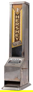 Walzer Moderne Vendor 1 Cent Hershey’s Chocolate Machine. C...: Walzer Moderne Vendor 1 Cent Hershey&#8217;s Chocolate Machine. Countertop penny vending machine with pull lever, original inserted advertising placard and manufacturer&#8217;s plaque. Height 17 &#188