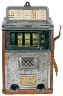Caille 5 Cent Superior Four Reel Slot Machine. Detroit: Cai...: Caille 5 Cent Superior Four Reel Slot Machine. Detroit: Caille Bros., ca. 1920s. Four-reel slot machine, in good working condition. Some well-executed refurbishment and restoration. With lock and keys