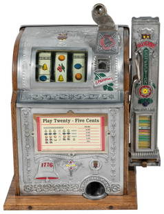 Mills 25 Cent Gooseneck Slot Machine with Side Vendor. Chic...: Mills 25 Cent Gooseneck Slot Machine with Side Vendor. Chicago: Mills Novelty, ca. 1920s. Three-reel slot machine with gooseneck coin entry, and side gum vendor, in good working condition. Some repain