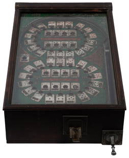 Gottlieb 1 Cent Play-Boy Pinball Game on Stand. Chicago: Go...: Gottlieb 1 Cent Play-Boy Pinball Game on Stand. Chicago: Gottlieb and Co., ca. 1930s. Pre-flipper countertop pinball game in wooden cabinet with aluminum coin slot and plunger, glass cover. 15 &#190;