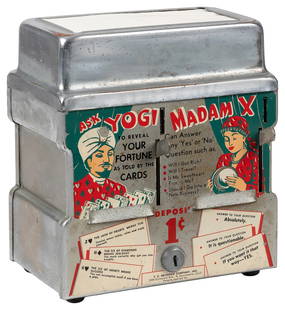 Ask Yogi / Madame X Coin-Operated Fortune Telling Napkin Di...: Ask Yogi / Madame X Coin-Operated Fortune Telling Napkin Dispenser. F.E. Erickson, Sacramento, ca. 1950s. Penny-operated napkin holder with two coin slots to vend fortune slips from either Yogi or Mad