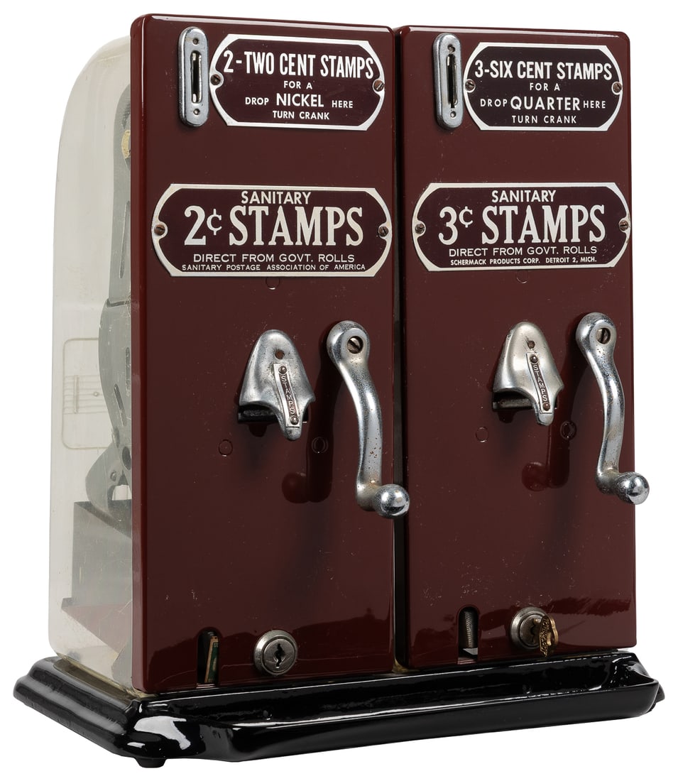 Schermack Double Coin-Operated Stamps Vending Machine. Meta... (1 of 2)
