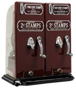 Schermack Double Coin-Operated Stamps Vending Machine. Meta...: Schermack Double Coin-Operated Stamps Vending Machine. Metal front with clear hard plastic case, left side dispensing two cent stamps for a nickel, right side three cent stamps for a quarter. 13 &#188