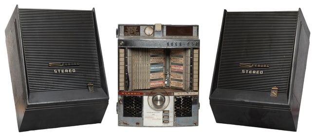 Rock-Ola Wallbox and Seeberg Twin Stereo Speakers. Circa la...