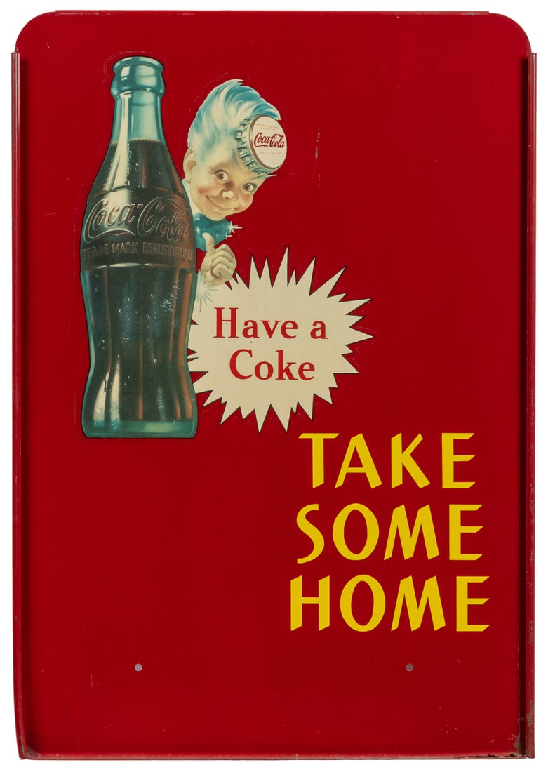Coca-Cola “Have A Coke / Take Some Home” Tin Sign with Spri...: Coca-Cola “Have A Coke / Take Some Home” Tin Sign with Sprite Boy. 1940s. Single sided tin rack sign with decal of Sprite Boy and a Coca-Cola bottle. 23 ¼ x 16 ¼”. Scratche