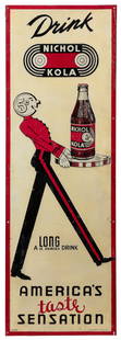 Nichol Kola Tin Sign. Single-sided tin vertical sign with e...: Nichol Kola Tin Sign. Single-sided tin vertical sign with embossed detail showing a bellboy whose head is shaped as a nickel carrying a tray with a bottle of the soda. Marked lower right by The Parker