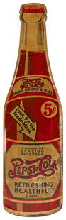 Pepsi-Cola Die-Cut “Double-Dot” Tin Sign. [New Bern, NC: Pe...: Pepsi-Cola Die-Cut &#8220;Double-Dot&#8221; Tin Sign. [New Bern, NC: Pepsi Co., ca. 1930s-40s]. Single-sided tin sign, in bottle shape, &#8220;Pepsi-Cola Famous for Over 30 Years / Look for the Trade