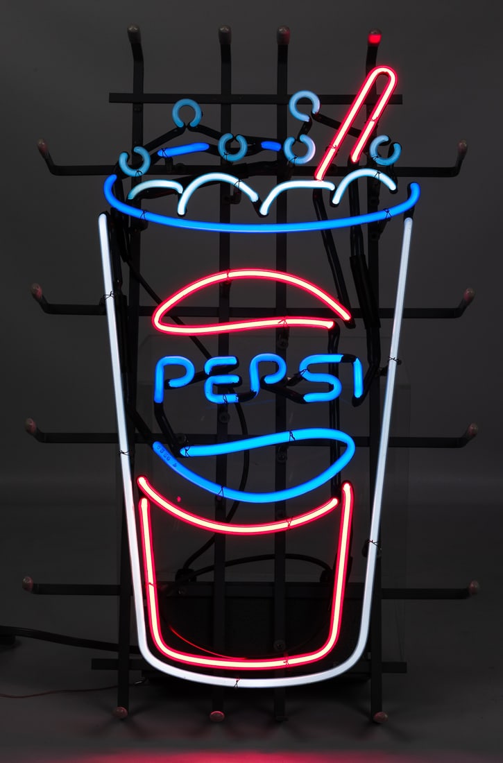 Pepsi Neon Sign. Hong Kong: Transco, ca. 1980s. Neon sign d...: Pepsi Neon Sign. Hong Kong: Transco, ca. 1980s. Neon sign depicting a cup of fizzy Pepsi Cola. 26 ½ x 16 x 7”. Working. Crated; third-party transportation required.