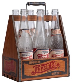 Pepsi-Cola Double-Dot Wood Six-Pack Carrier and Empty Bottl...