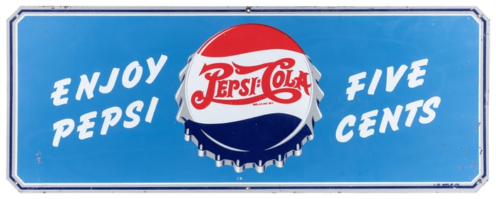 Pepsi-Cola “Enjoy Pepsi / Five Cents” Tin Sign. Circa 1950s...