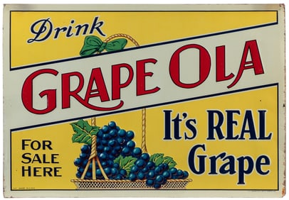 “Drink / Grape Ola / It’s Real Grape” Embossed Tin Sign. Sp...