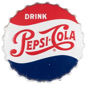 Drink Pepsi-Cola Bottle Cap Sign. 1955. Metal sign with emb...