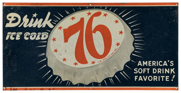 76 Soda Tin Sign, “Drink Ice Cold 76 / America’s Soft Drink...: 76 Soda Tin Sign, &#8220;Drink Ice Cold 76 / America&#8217;s Soft Drink Favorite!&#8221; [Winston Club Beverages, ca. 1950s]. Single-sided tin sign. 12 x 24&#8221;. Nail-holes at corners and upper and