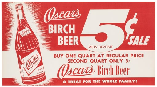 Oscar’s Birch Beer Advertising Poster. Circa 1950s. Red and...