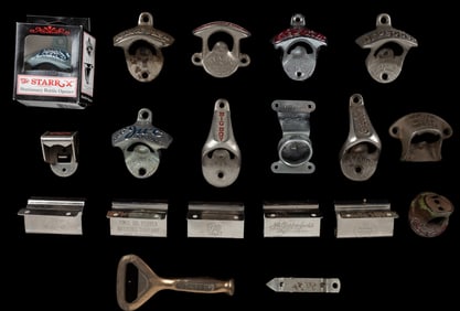 Group of 18 Metal Wall Mount Bottle Openers. 20th century. ...