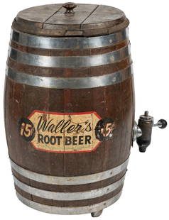 Waller’s Root Beer Barrel Dispenser. Circa 1940s. Root beer...: Waller&#8217;s Root Beer Barrel Dispenser. Circa 1940s. Root beer barrel dispenser with advertising lettering on side advertising the soda at 15 cents. 26 x 15 x 15&#8221; (excluding spout). Unrestore