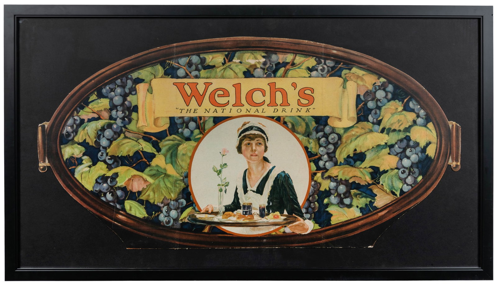 Welch’s “The National Drink” Cardboard Die Cut Three-Fold S...: Welch’s “The National Drink” Cardboard Die Cut Three-Fold Sign. Circa early 20th century. Oval shaped artwork featuring a maid carrying a breakfast tray surrounded by lush grapevine 