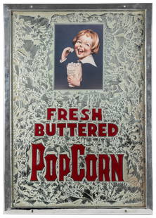 Cretor’s Quality Popcorn Advertising Sign. Reverse painted ...: Cretor&#8217;s Quality Popcorn Advertising Sign. Reverse painted glass sign featuring a little girl eating popcorn and &#8220;Fresh Buttered Popcorn.&#8221; Framed, 30 x 21&#8221;. Near fine.