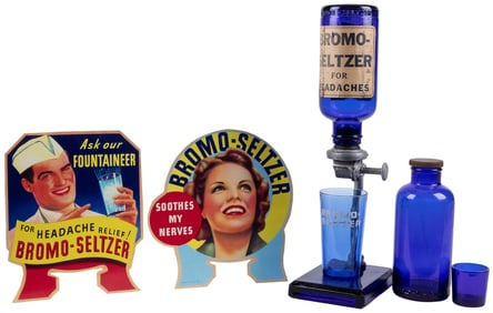 Bromo Seltzer Dispenser. Cobalt glass base and bottle with ...